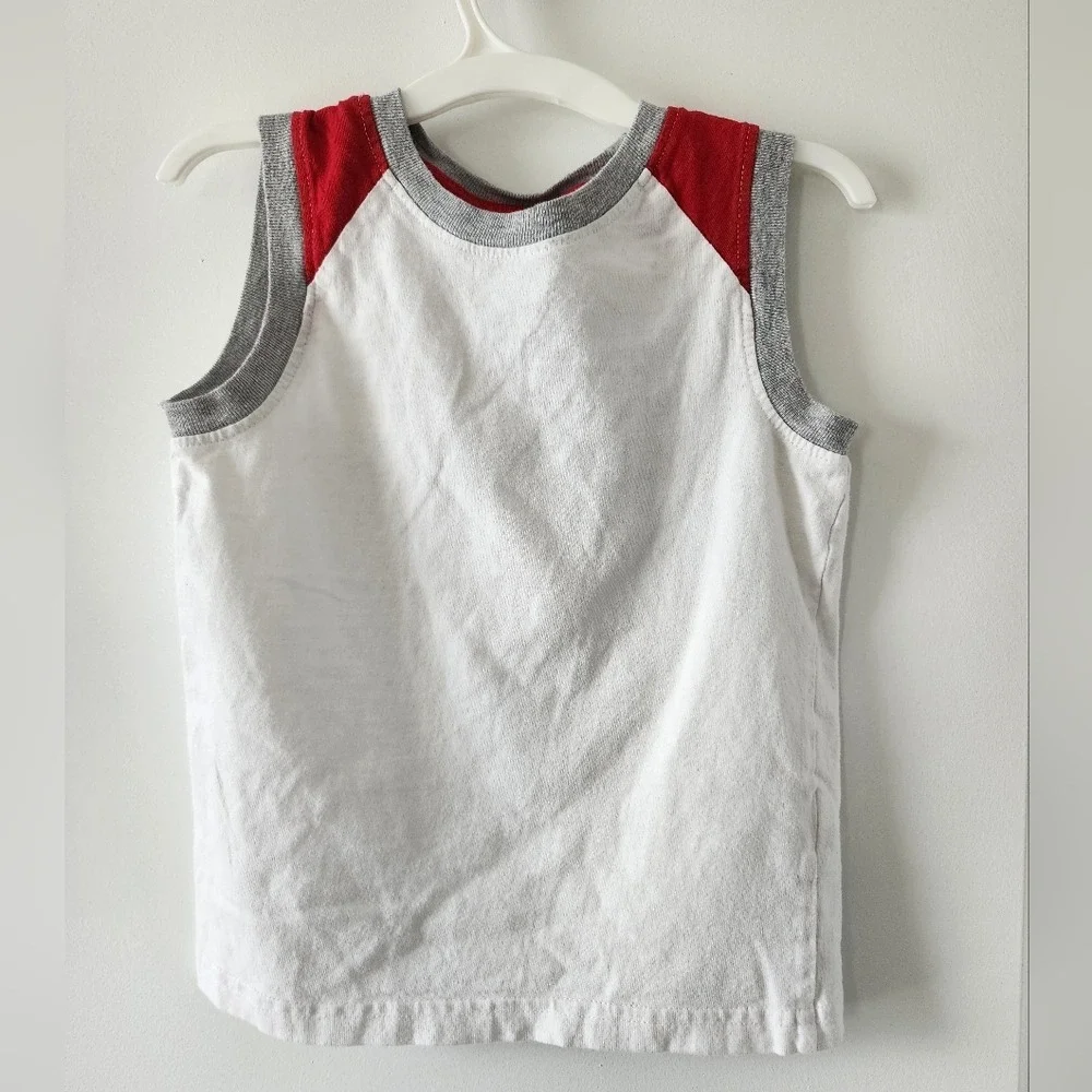 Kid sz 4T White Red Grey Colorblock Sleeveless Muscle Tank Top Sporty Summer Tee - Picture 1 of 10